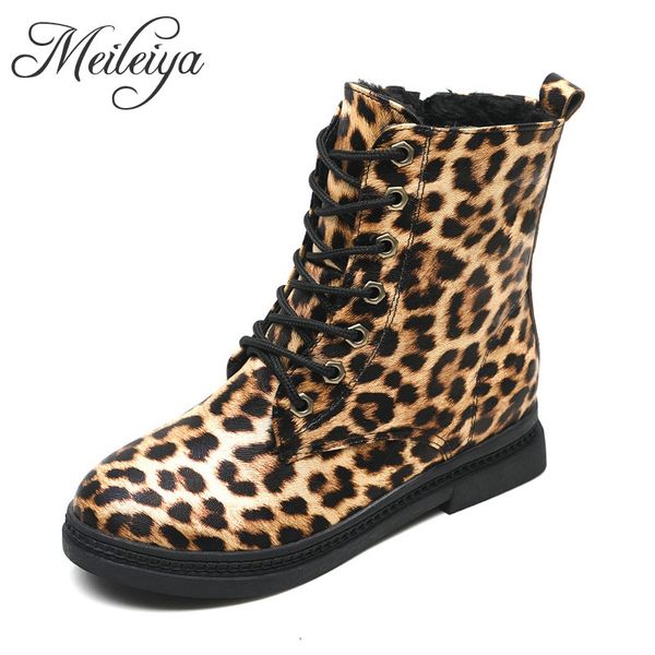 

women leopard print round toe low heel zipper ankle boots winter warm short plush party office daily lace up snow bootie shoes, Black