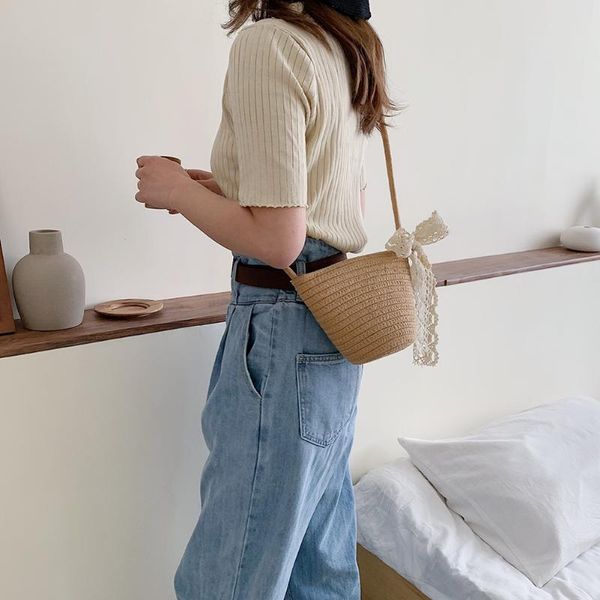 

beach lace bowknot shoulder handbag summer women holiday tassels straw bucket totes weaving bucket holiday messenger handbag