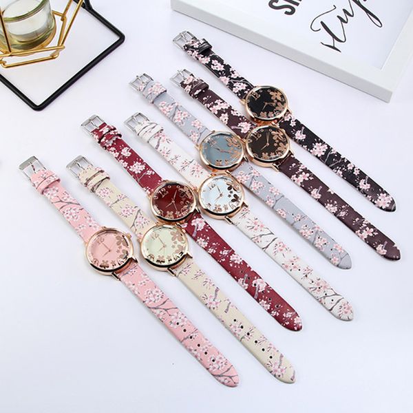 

women leather watches flower printed leather ladies watch female quartz wristwatch fashion clock watch, Slivery;brown