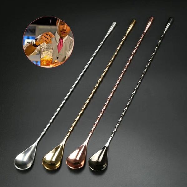 

304 stainless steel mixing cocktail spoon 3 colors spiral pattern bar water drop stir spoon bartender bar tool