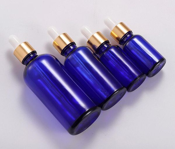 

fast delivery e liquid cosmetic dropper bottles 5ml-100ml blue glass bottles with gold cap and pipette