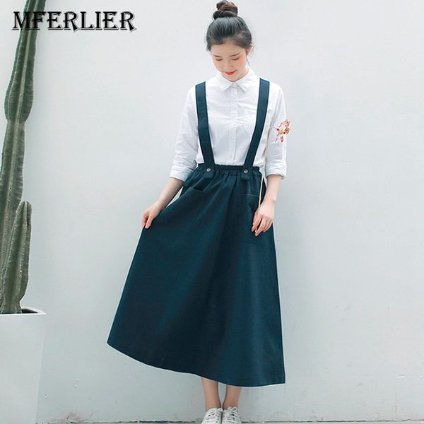 

mferlier autumn women skirt long with shoulder strap a line high elastic waist pocket casual pleated cotton linen skirt, Black