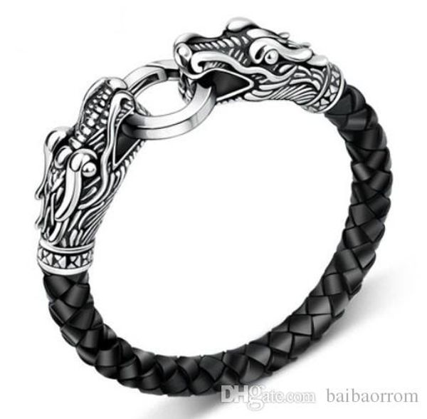 

leather tibetan silver men bracelet titanium fashion male vintage accessories parataxis dragon bracelet men jewelry, Golden;silver