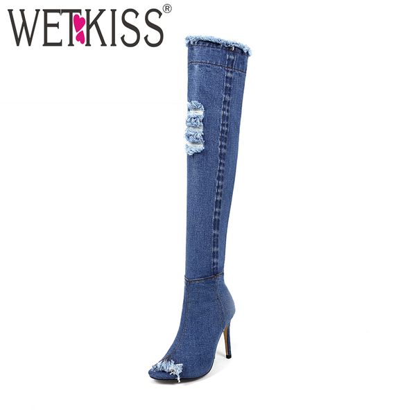 

wetkiss denim над коленом ботинки женщин peep toe перфорированными тонкие каблуки обувь на высоких каблуках zipper женская обувь ripped sexy, Black