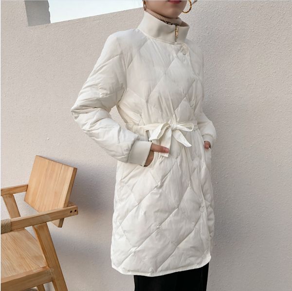 

2018 корея зима новый пуховик белый утка вниз пояс тонкий длинный раздел воротник черный хлопок куртка белый, Black;white