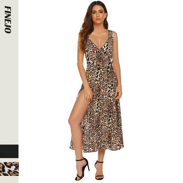

2020 selling explosion models european and american women's new leopard print dress side split long dress, Black;gray