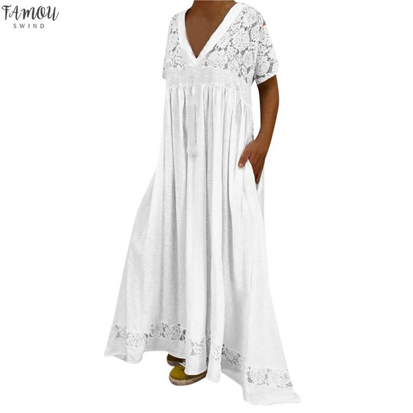 

plus size white dress for women summer solid lace patchwork hollow loose maxi long dresses short sleeve pockets pleated vestidos, Black;gray