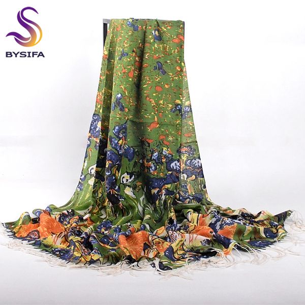 

bysifa] women pure wool scarves wraps new oil painting style winter ladies green long scarves brand tassel scarf shawl, Blue;gray