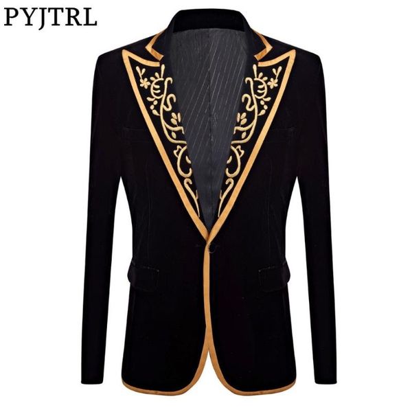 

pyjtrl velvet embroidery series mens royal court prince velvet gold embroidery blazer wedding groom suit jacket singer costume, White;black