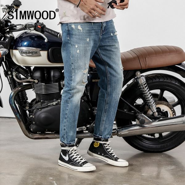 

simwood new 2019 spring jeans men hole ankle-length pants cotton denim trouser male slim fit brand clothing 190023, Blue