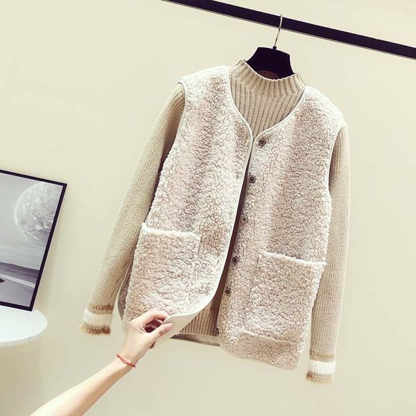 

lamb fur vest female 2020 autumn and winter new fashion fur all-in-one plush vest with sleeveless jacket, Black;white