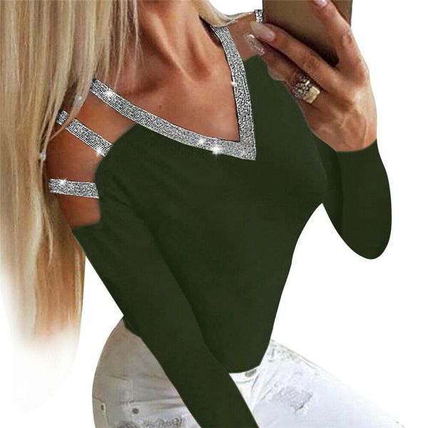 

2020 women's daily t-shirt solid colored black spring summer women explosion models sequined v-neck long-sleeved t-shirt, White