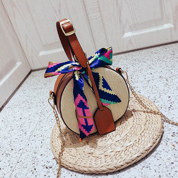 

women's straw shoulder bag 2019 fashion color ribbon straw saddle bag round bags girls circular messenger phone money bags