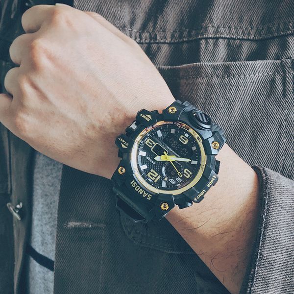 

cool men digital watches reloj hombre 30m waterproof led sport digital dual army watch electronics movement montre men hands md5, Slivery;brown