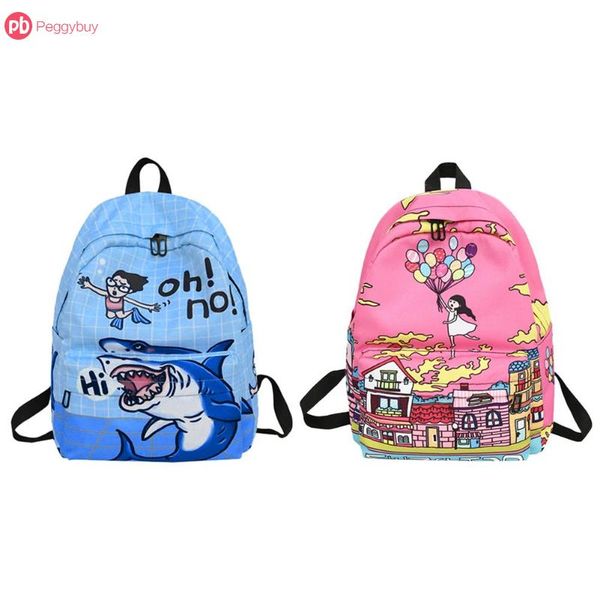 

blue pink cartoon shark graffiti print backpack women girl nylon travel shoulder schoolbags big capacity easy to carry