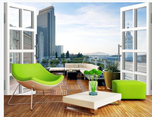 

custom 3d curtain fabric city balcony 3d landscape background wall painting