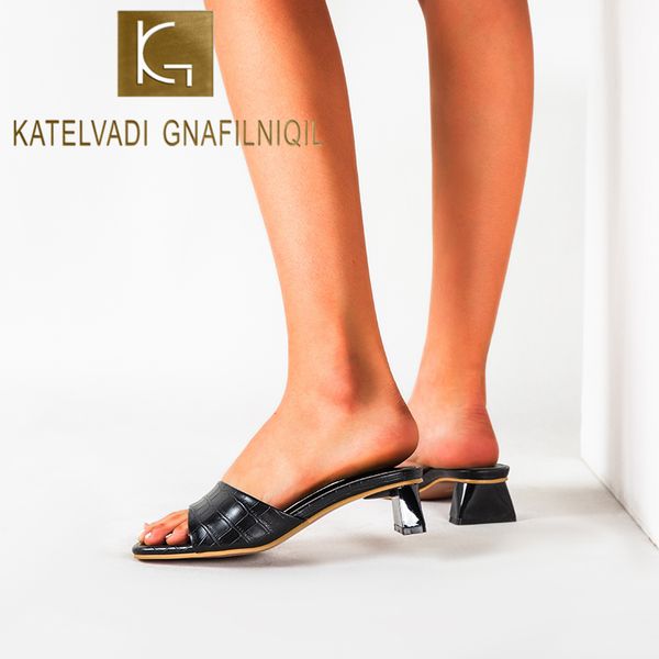 

katelvadi women summer slippers black pu leather sandals 5cm high heels summer slip on women shoes fashion yw016