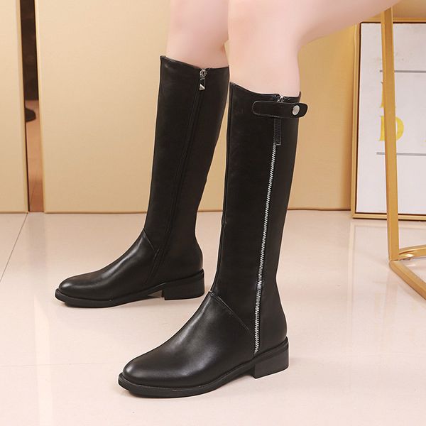 

pu leather knee-high boots female long boots warm side zipper with belt buckle waterproof platform women knight boot shoes, Black