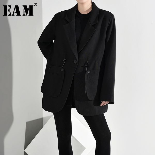 

eam] women black brief drawstring blazer new lapel long sleeve loose fit jacket fashion tide spring autumn 2019 1h7920, White;black