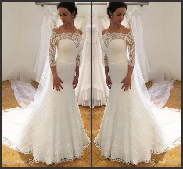 

новое элегантное кружевное свадебное платье русалка a-line с плеча 3/4 с длинным рукавом иллюзия свадебные платья плюс размер на заказ, White