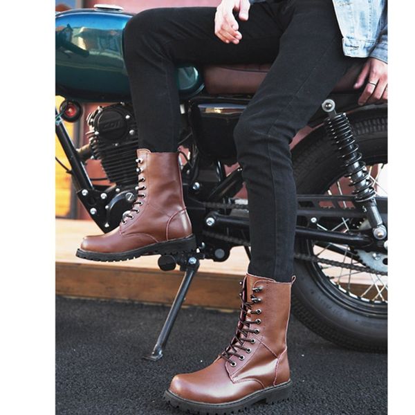 

large size men motorcycle boots autumn winter high-combat boots men leather for casual luxury boot, Black