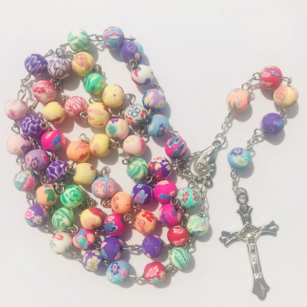 

8mm colorful polymer clay bead rosary pendant necklace alloy cross virgin mary centrepieces christian catholic religious jewelry, Silver