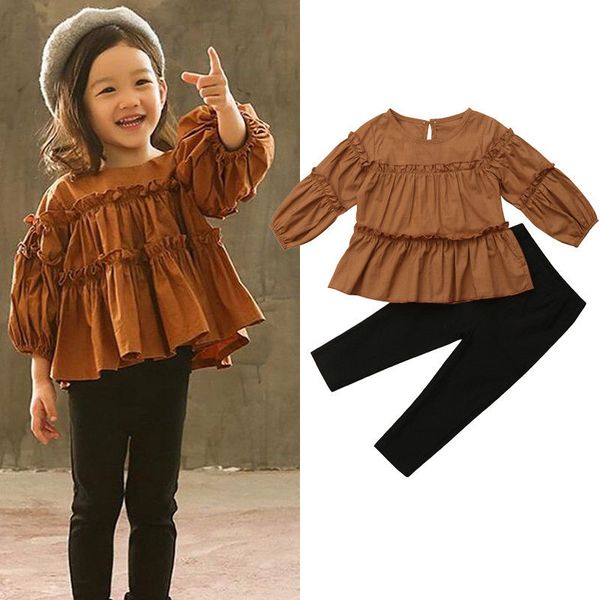 

1-6y fashion pretty autumn toddler baby girls 2pcs sets long lantern sleeve ruffles brown +black pencil pants 1-6y, White