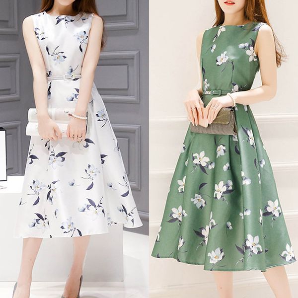 

fashion women summer belt sleeveless o-neck high waist mid-calf floral printing dress for elegant female vestidos robe femme 41, Black;gray