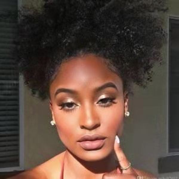 

african 100% drawstring human brazilian ponytail hair extensions elastic band drawstring afro kinky curly human hair ponytail color 1, Black