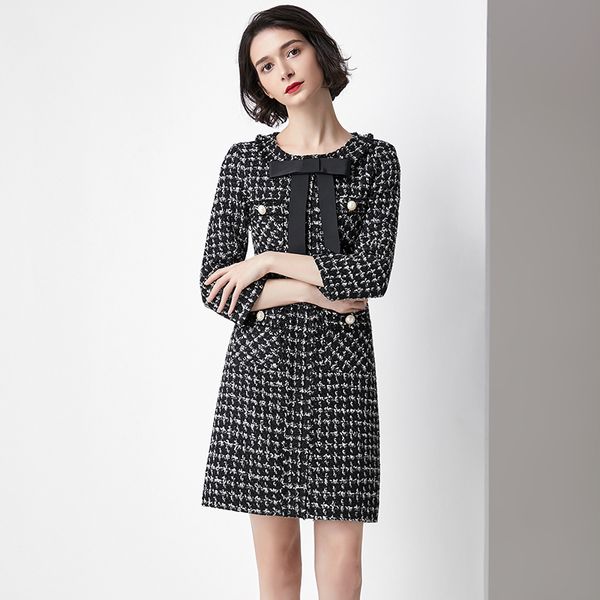 

spring and autumn three quarter wool dress women slim elegant black solid dress female fashion round neck dresses for girls robe, Black;gray