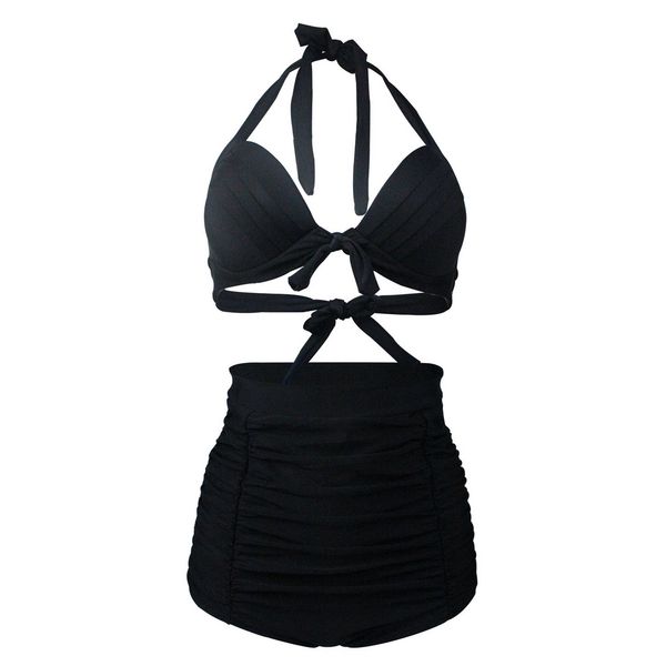 

pure black bikini high waist women vintage swimsuits ruched two-piece swimwear conservative solid padded bow bikini sets sale, White;black