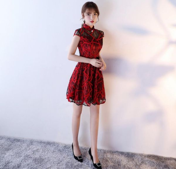 

red chinese cheongsam dress womens vintage modern qipao lace chiffon oriental evening dress for ladies traditional clothes
