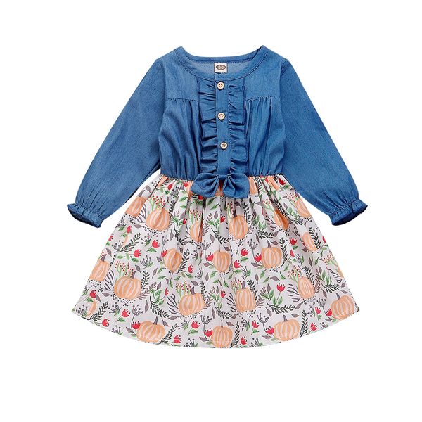 

infant toddler baby girls halloween dress ruffled button pumpkin printed long sleeve denim skirt, Red;yellow