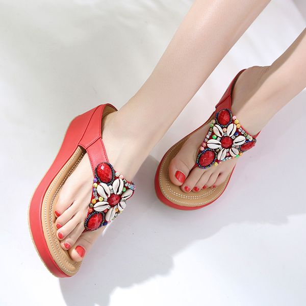 

ymechic fashion wedges seaside beach red blue slippers women shoes summer 2018 crystal bead casual flip flops platform slides, Black