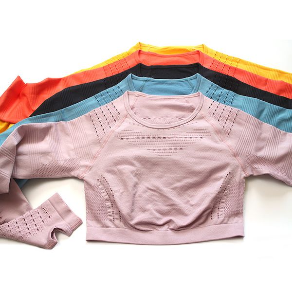 

women seamless long sleeve crop running shirt sports wear yoga shirt fitness gym sport workout beauty body, White;red