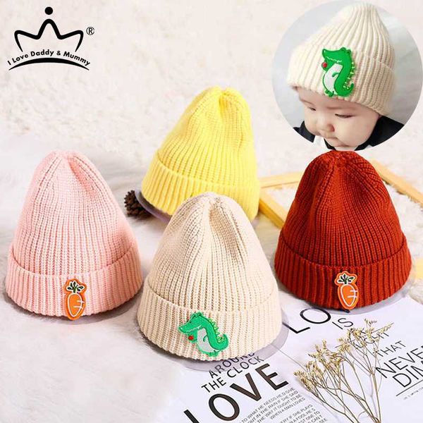 

winter baby beanie cartoon dinosaur infant boy girl hat warm knitting children cap cute solid color baby hats, Yellow
