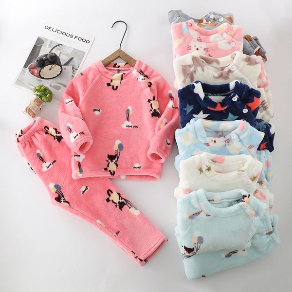 

winter flannel kids pajamas sets child warm sleepwear cartoon animals print baby girls boys nightwear children pajamas for girls y200704, Blue;red