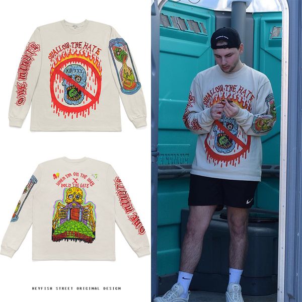 

kanye west joint graffiti skull long-sleeved t-shirt male xxxentacion season6 loose top, Red