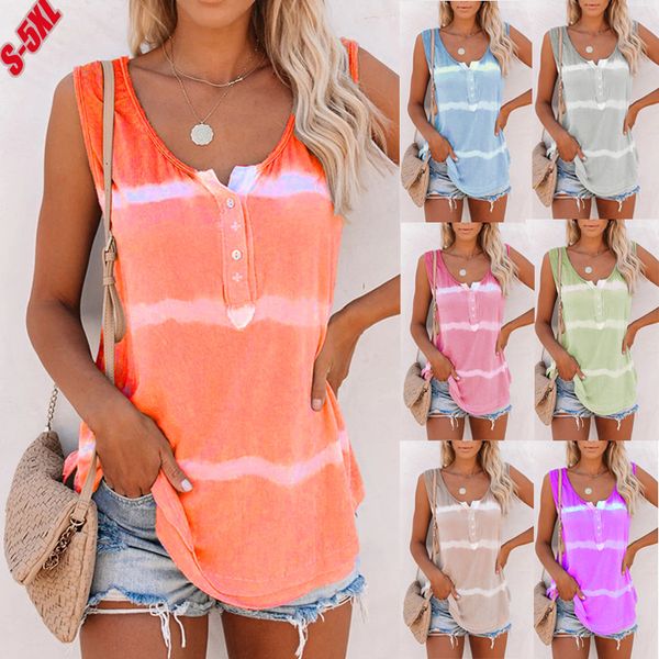 

new fashion women summer v neck stripe print vest casual sleeveless tank loose print tie-dye t-shirt plus size s-5xl, White