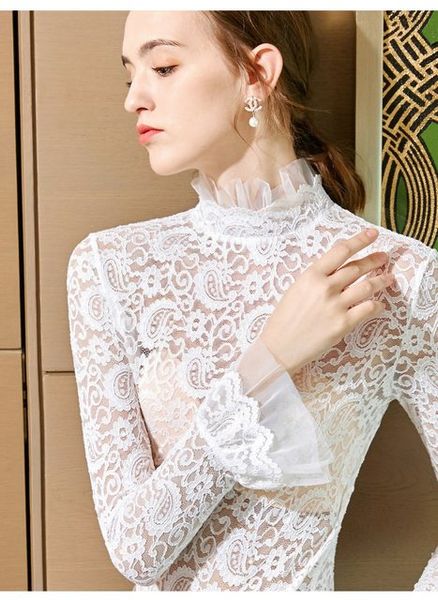 

женщина белая кружевная блузка прозрачные летние женские блузки плюс размер женские топы и блузки рубашки с длинным рукавом top2, White