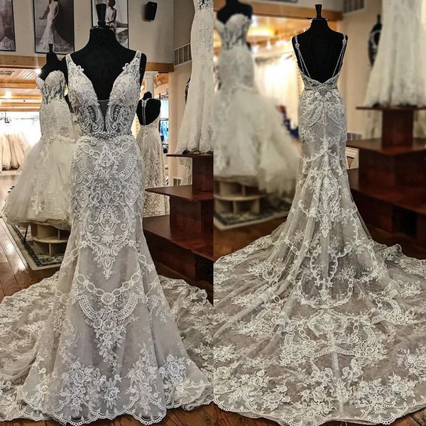

amazing mermaid beaded wedding dresses deep v neck appliqued lace backless bridal gowns sweep train robes de mariÃ©e, White