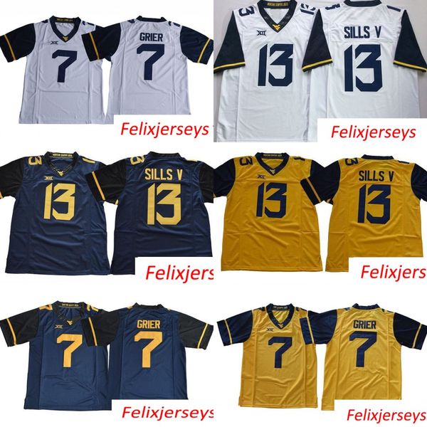 

West Virginia Mountaineers 7 Will Grier 13 David Sills V WVU Blank White Blue Yellow Stitched XII College Football Jerseys