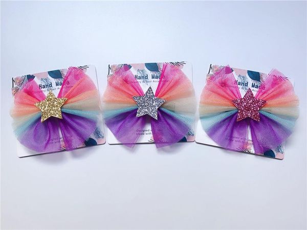 

12pcs fashion cute glitter star bowknot alligator clips gradient rainbow color bow hairpins princess headwear hair accessories, Slivery;white