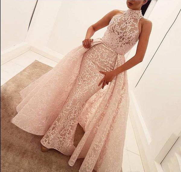 Zuhair Murad Vestidos 2019 sem mangas rosa Lace alta Neck formal do partido vestidos destacável Train Pageant celebridades árabes Prom