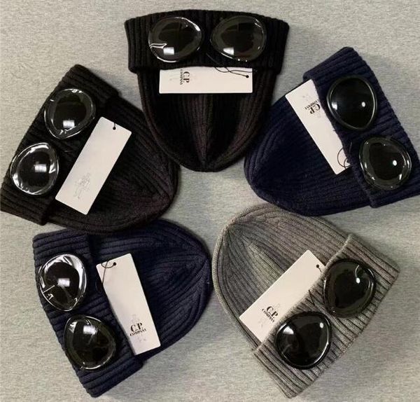 

cp company two glasses goggles beanies men autumn winter thick knitted skull caps outdoor sports hats women uniebeanies black grey, Blue;gray