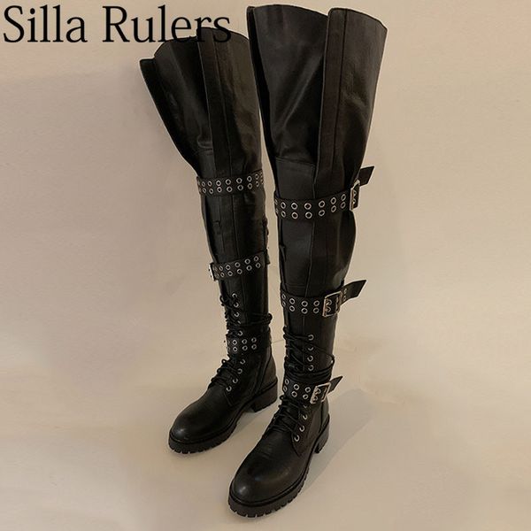 

2019 runway over the knee high boots woman buckle knight boots woman round toe lace up real leather punk, Black