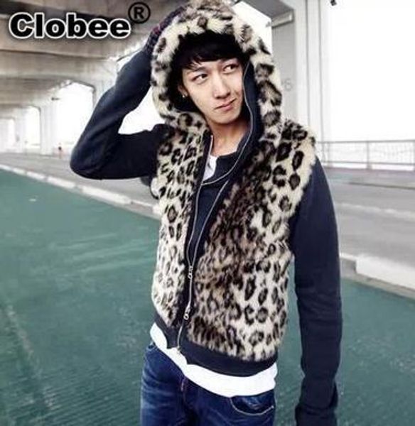 

office winter fall male men jacket coat outerwear leopard print faux fur short waistcoat 2019 night boys club wear yr54, Black