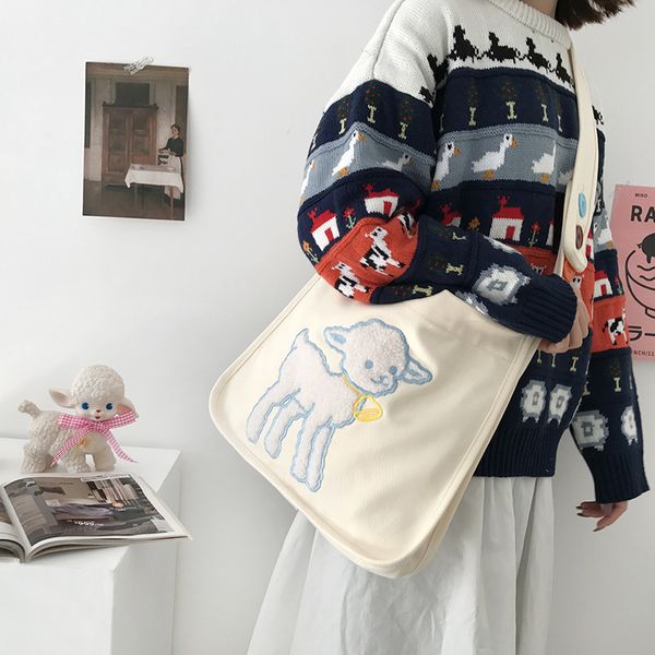 

женщины холст сумка барашек вышивка девушка хлопок ткань crossbody сумка большие емкости школа книга сумка корзина # 20