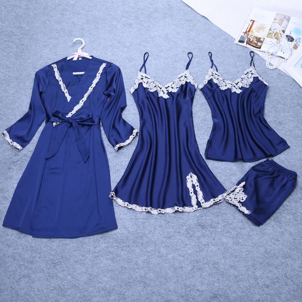 

lady night robe sets casual womens 4pc strap pants suit sleepwear sets spring autumn pajamas nightwear kimono bath gown, Blue;gray