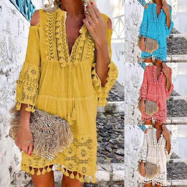 

women's fashion casual bohemian large size v-neck solid color lace fringe short lace shirt dress fringe ethnic embroidered dress, Black;gray